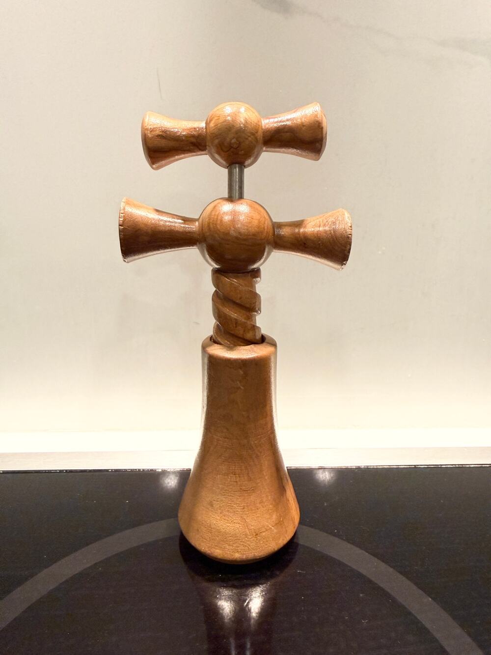 VTG French Wooden Corkscrew Double Handle Twist Wine Bottle Opener MCM Barware
